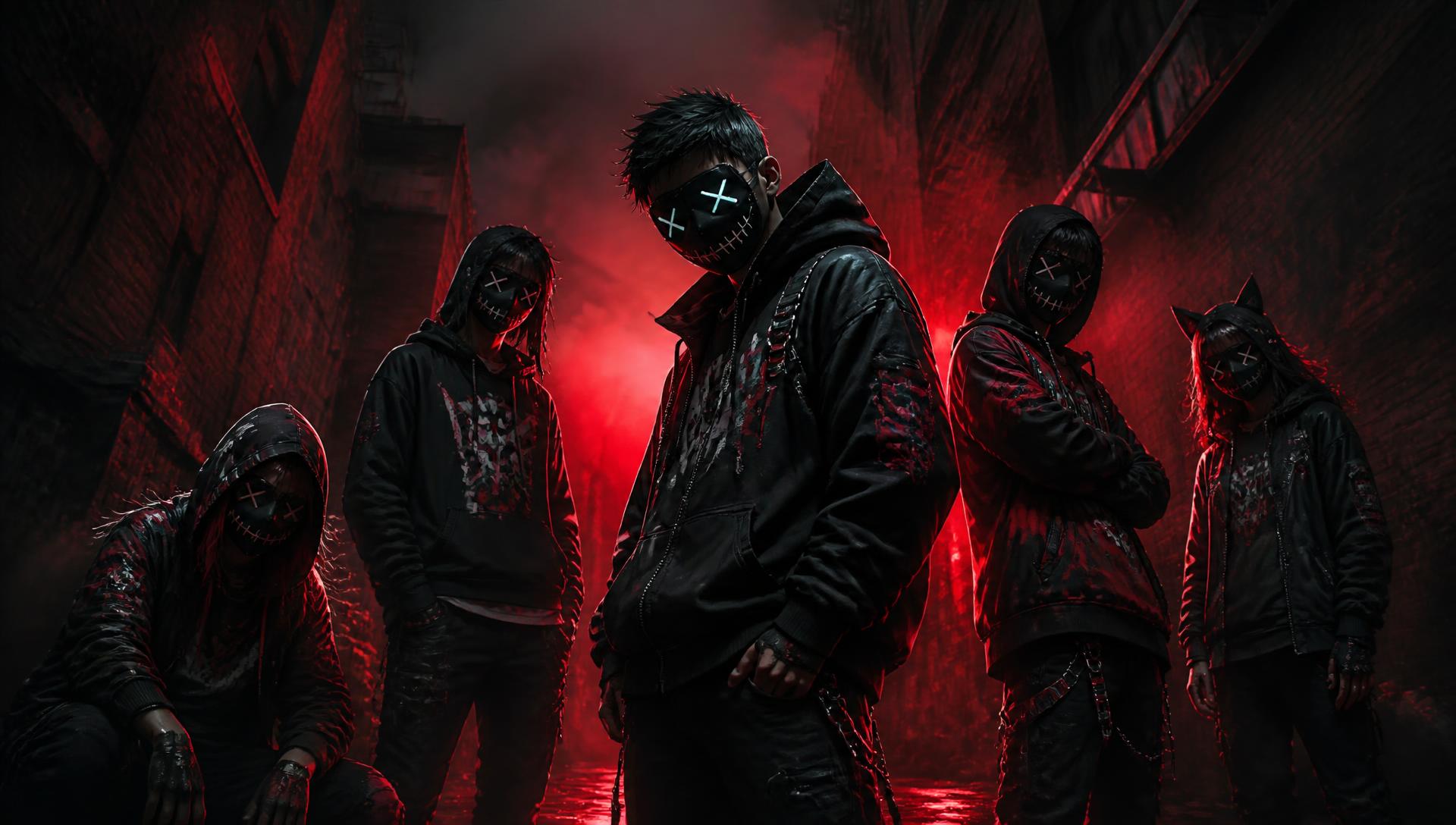 A gang of masked kids in hoodies standing in a neon-lit alley
